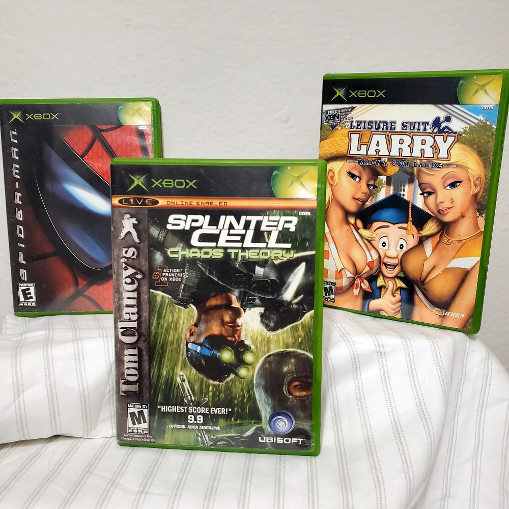 XBOX: Leisure Suit Larry. Splinter Cell Chaos Theory. Spider-Man.